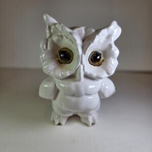 Vintage White Ceramic Owl Figurine Mid-Century Style Big Eyes 5.75" Tall